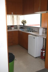 Small kitchenette with small fridge and sink